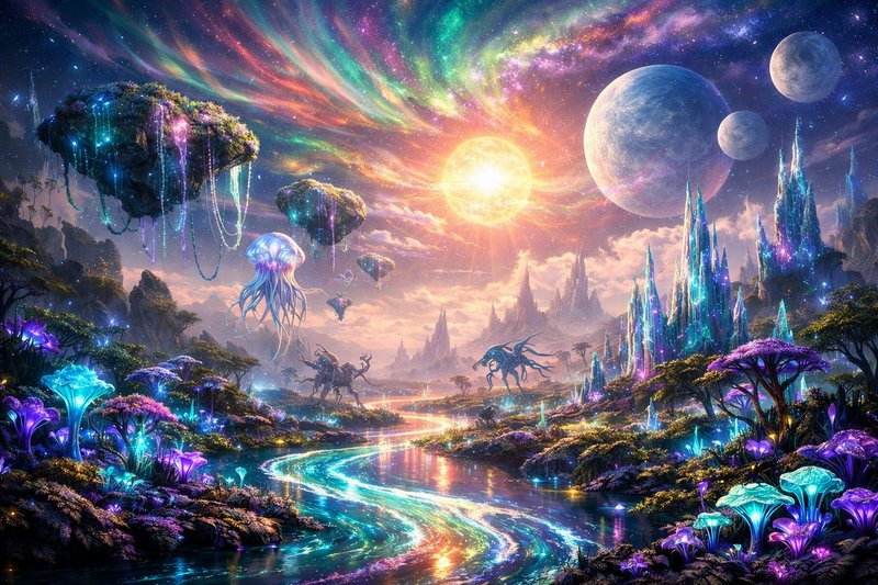 Vibrant alien fantasy landscape with bioluminescent flora, floating islands, glowing river, ethereal jellyfish, and