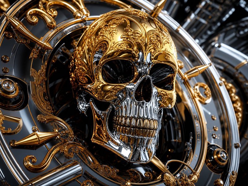 Close-up of an ornate filigree gold and polished chrome skull set inside an intricate steampunk clockwork frame.