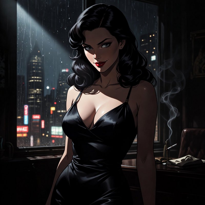 Neo-noir illustration of a glamorous femme fatale in a black satin dress, standing by a rainy night city office window.