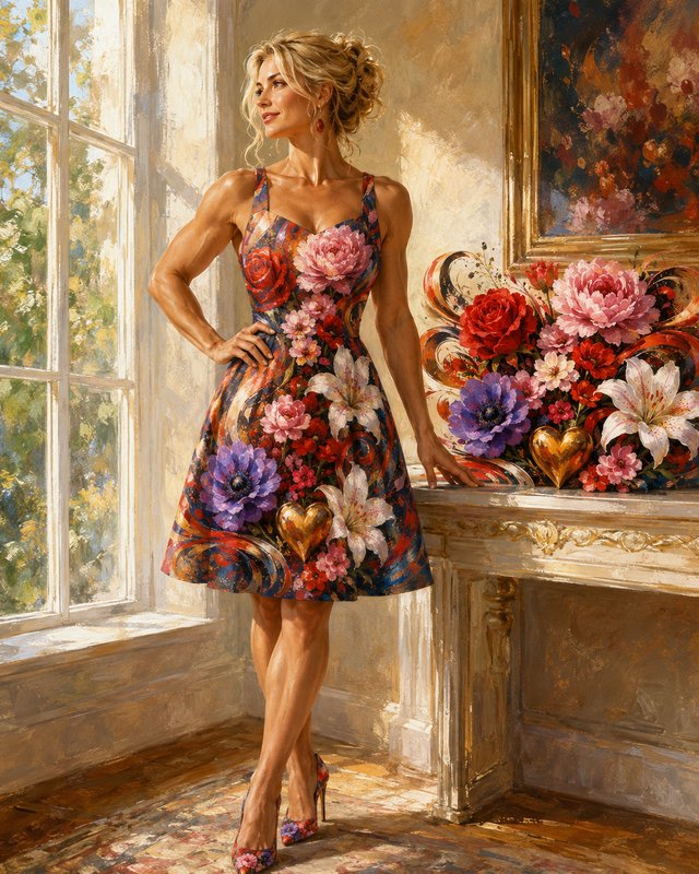 Oil portrait of a confident muscular blonde woman in a floral dress standing in a sunlit elegant vintage interior beside
