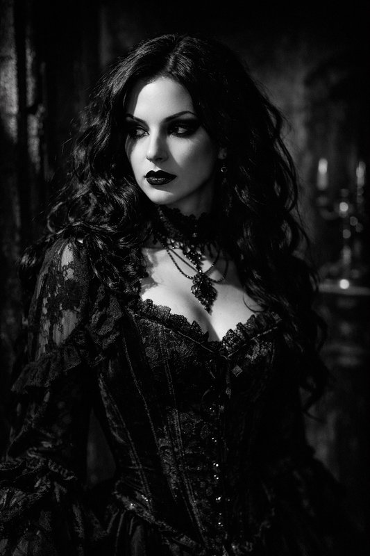 [Monochrome portrait of an elegant gothic woman in an ornate lace Victorian gown under dramatic moody lighting]