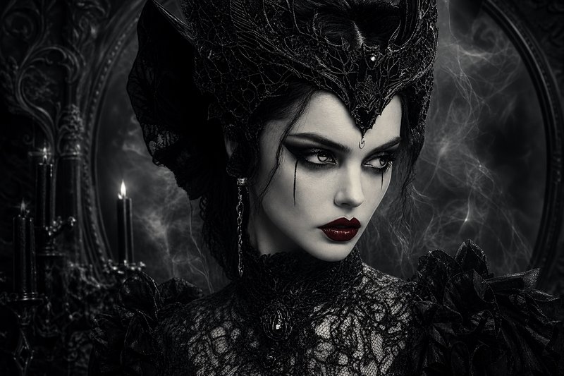 Close-up portrait of a gothic dark queen with ornate lace headdress, dramatic tear makeup, in a candlelit haunted chamber