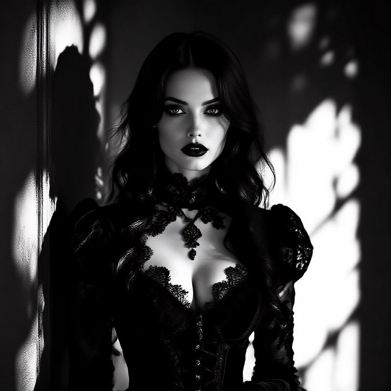 Black and white portrait of a gothic woman in an ornate lace corset, dramatic window shadow lighting, dark moody aesthetic