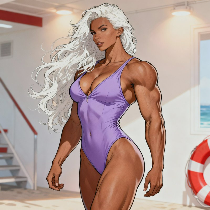 [Comic illustration of muscular tan woman with long white hair wearing a purple swimsuit in a coastal lifeguard station]