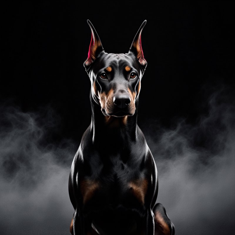 Sleek black and tan Doberman Pinscher sits upright, looking directly at the camera against a dark smoky studio backdrop.