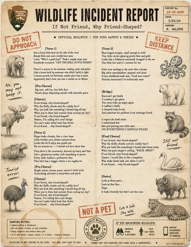 [Vintage humorous National Park Wildlife Incident Report poster with "If Not Friend, Why Friend-Shaped" lyrics and wild an...