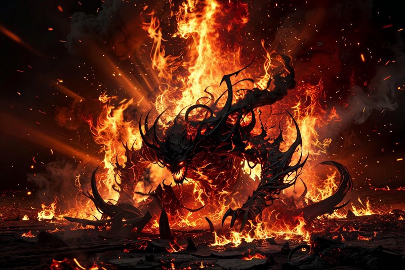 Horned shadow demon with glowing red eyes emerges from roaring flames across a burning hellscape.