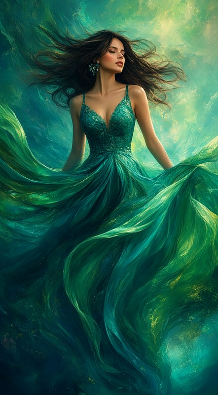 Ethereal woman with closed eyes floats in a swirling flowing emerald gown, dark hair drifting in glowing teal mist.