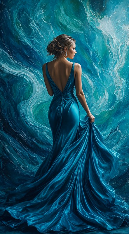Elegant woman in low-back teal satin evening gown standing against swirling turquoise abstract ocean wave background