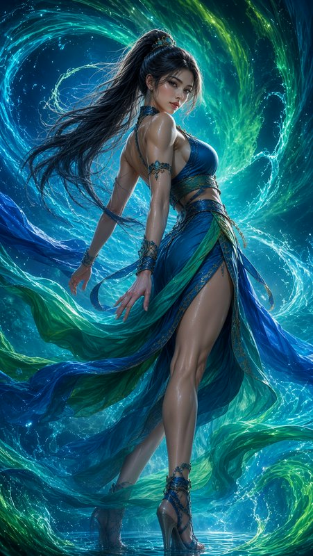 Powerful fantasy water elemental mage in a flowing blue gown stands amid swirling glowing teal and green magical water vor...