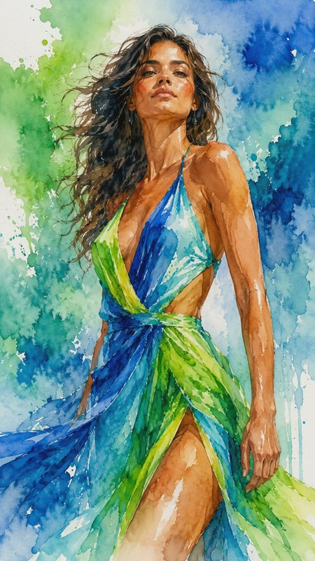 [Watercolor portrait of a confident woman in a flowing blue-green halter gown with wind-tousled dark hair]