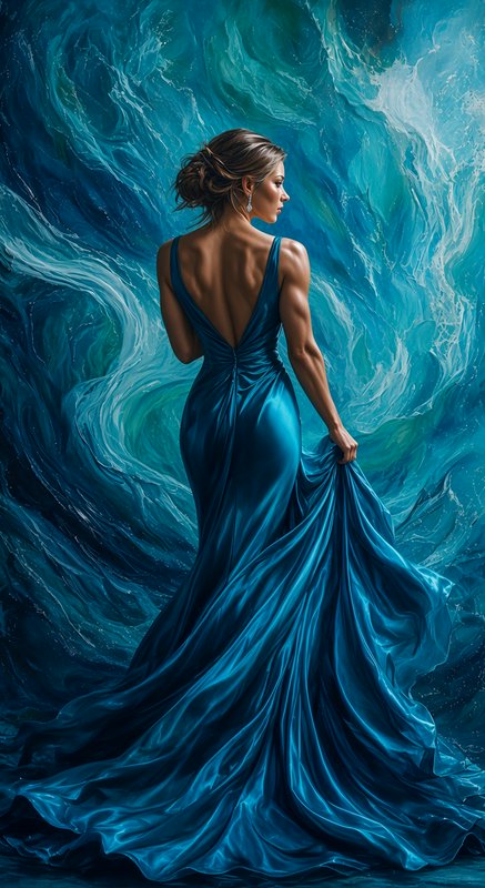Back view of a strong elegant woman in a flowing teal backless silk gown against a swirling ocean wave backdrop