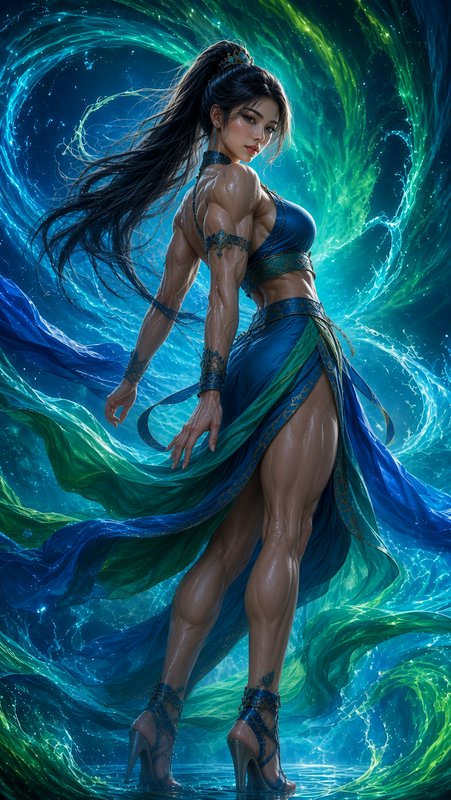 [Muscular fantasy water mage woman stands amid swirling glowing teal and blue magical water energy in a flowing blue-green...