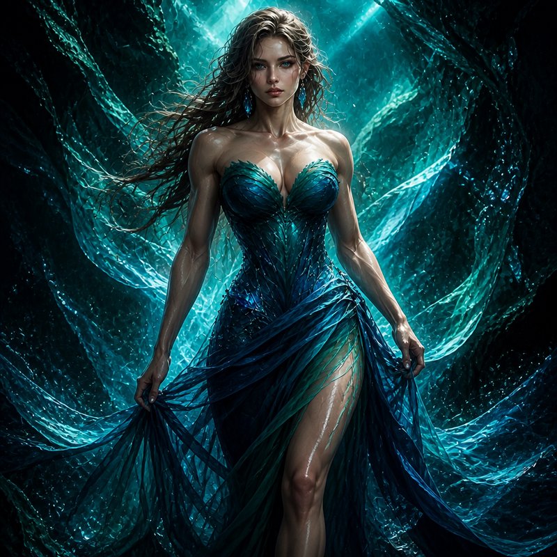 [Powerful mythical water goddess in a flowing teal gown stands amid glowing swirling underwater cave currents]