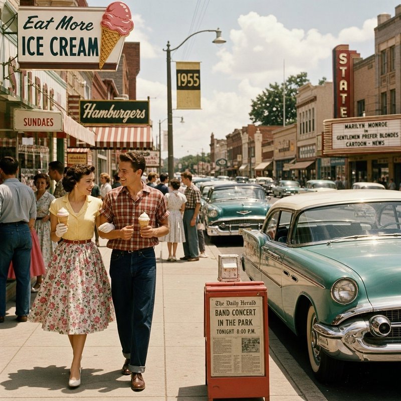 Sunlit 1955 small town main street, smiling 1950s couple walking with ice cream past vintage storefronts and classic cars.