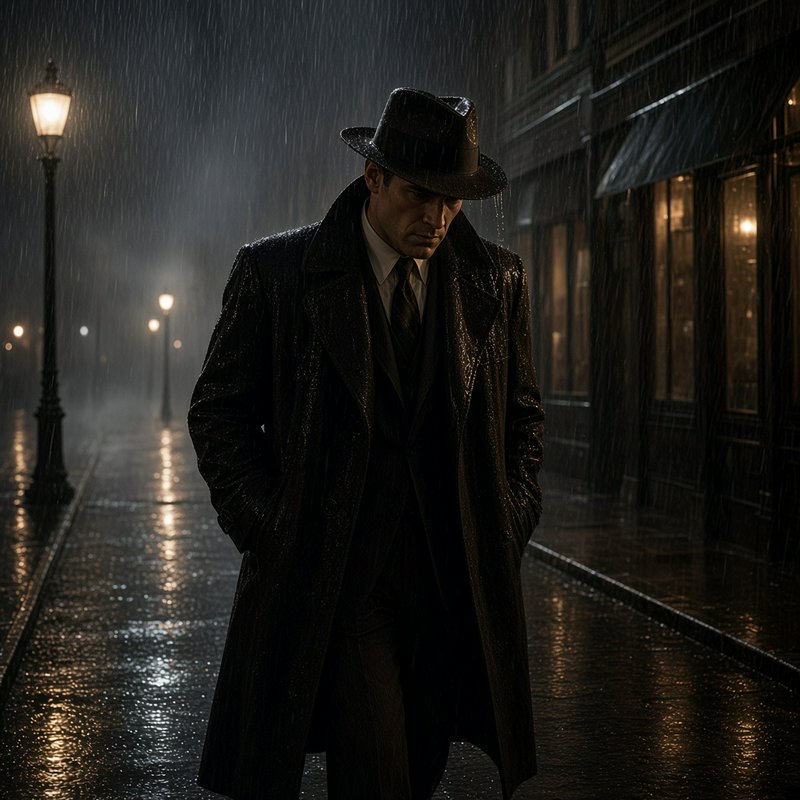 Brooding noir detective in fedora and wet trench coat walks down a rain-soaked 1940s city street at night under glowing st...