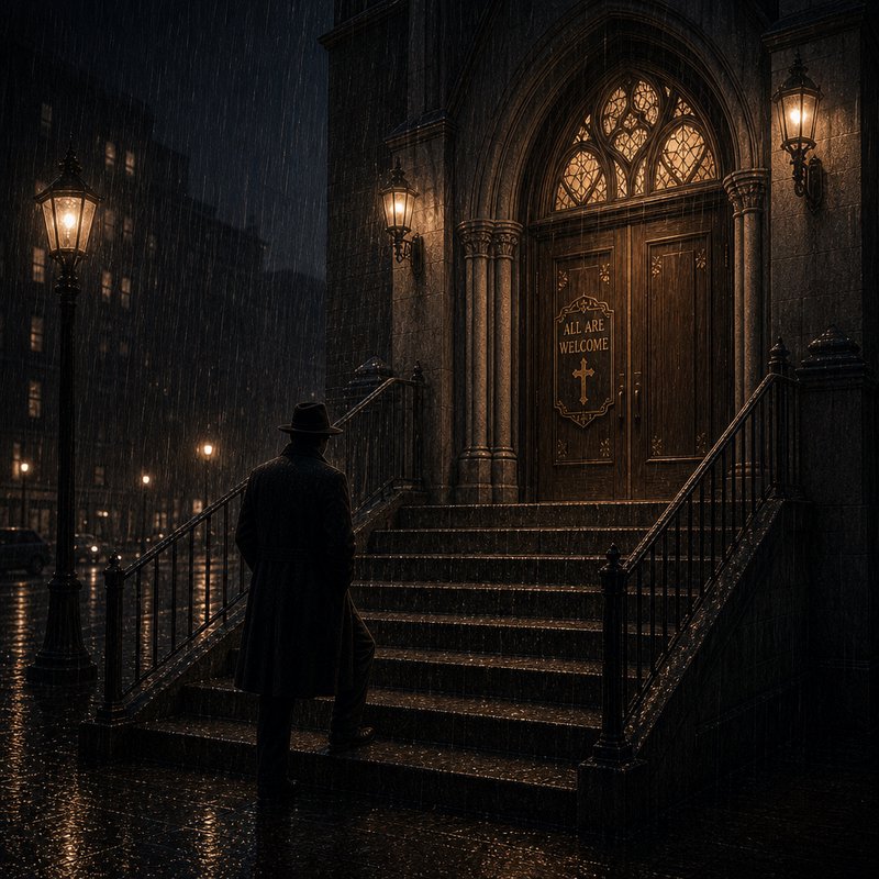 [Silhouetted man in a fedora pauses on church steps outside a welcoming cathedral on a dark rainy city night]
