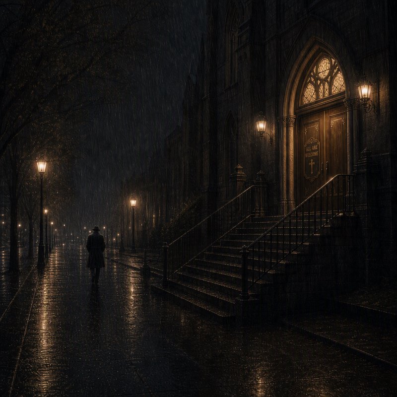 Lone figure in a trench coat walks a rain-soaked night sidewalk beside a gothic church lit by warm vintage street lamps