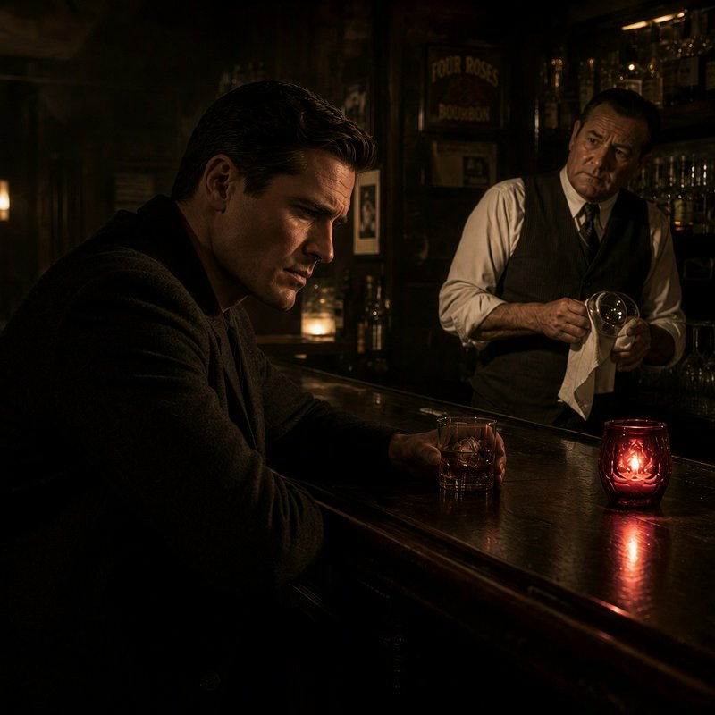 Pensive man holding a whiskey glass sits at a dim vintage bar, while a bartender polishes glassware behind the counter