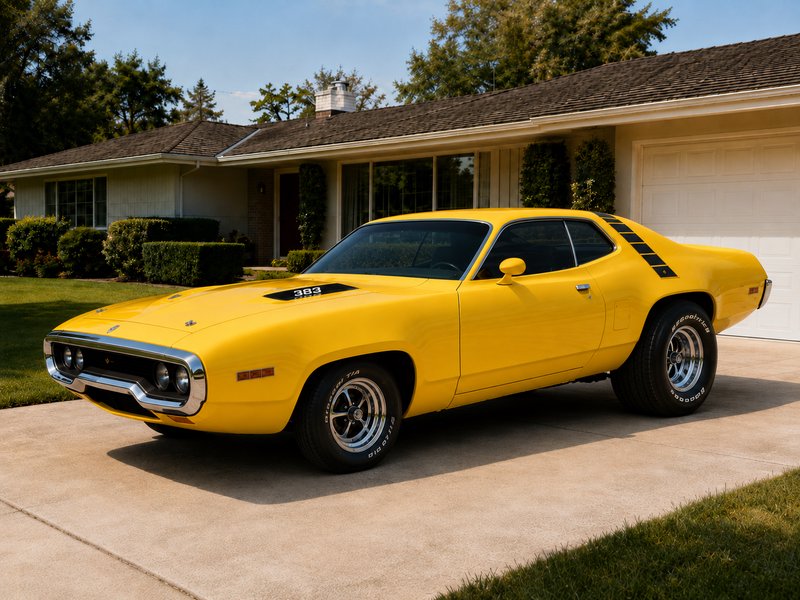 Bright yellow vintage 383 American muscle car parked on a residential driveway in front of a suburban ranch home on a