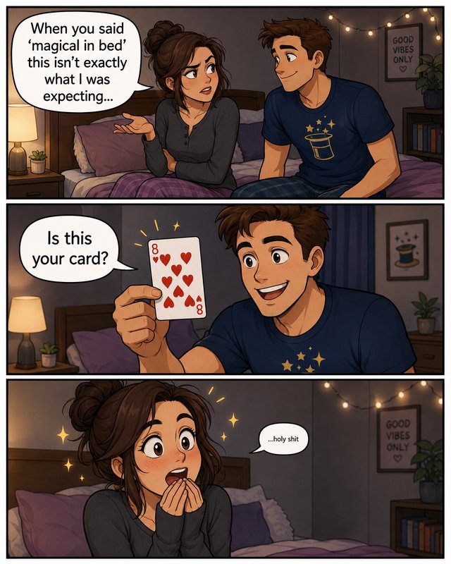 3-panel humorous couple meme comic showing a man performing a card magic trick for his confused t...