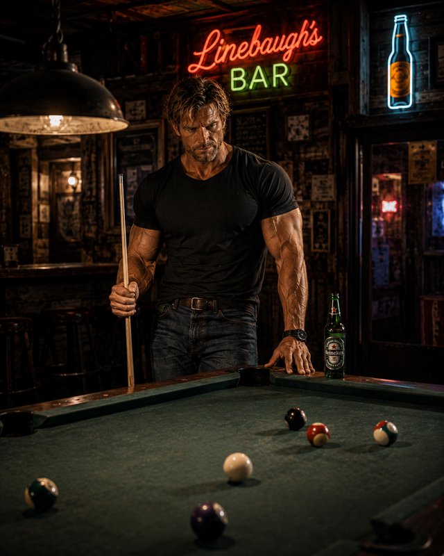 Rugged muscular man holds a pool cue while standing at a billiards table in a dim neon-lit dive bar.