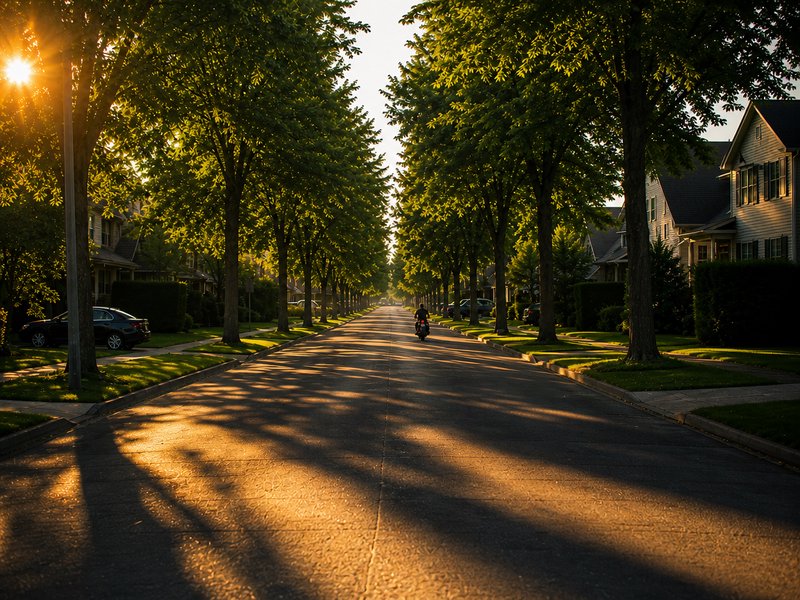 Golden hour sunset over a tree-lined suburban residential street, with a motorcyclist riding down...