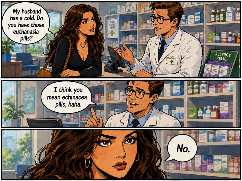 3-panel dark comedy meme: woman asks a pharmacist for euthanasia pills for her husband's cold, de...