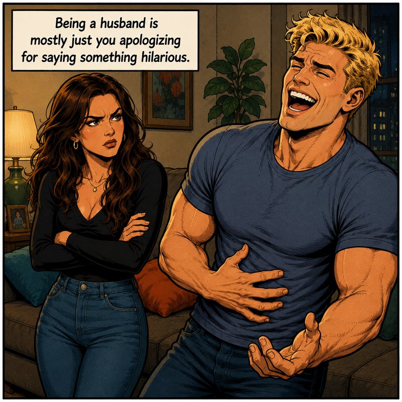 Comic meme panel: Laughing husband stands beside annoyed crossed-armed wife with a humorous marri...
