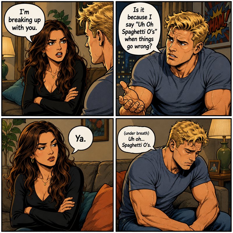 4-panel funny breakup comic where a man gets dumped after his girlfriend confirms the split is ov...