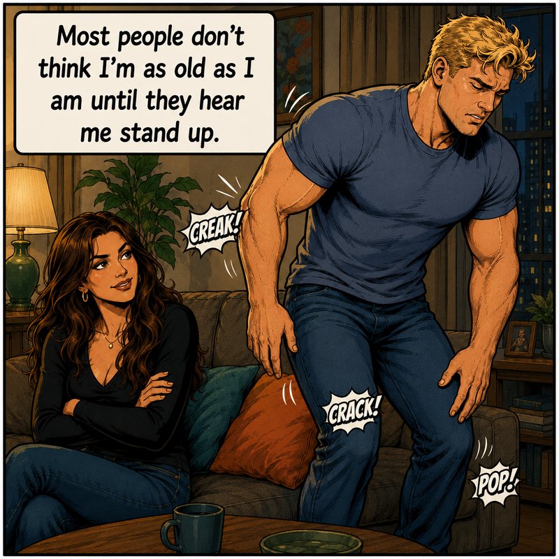 Comic meme panel: Muscular man stands creaking his joints, woman on couch, joke about hidden sign...