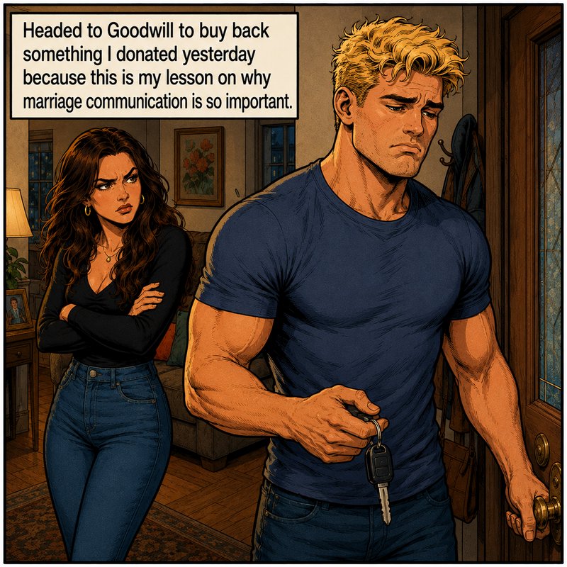Comic meme panel: guilty man heading out the front door, annoyed wife behind, joke about buying b...