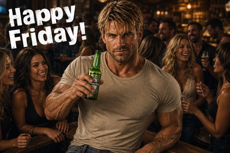 Happy Friday graphic of a muscular man holding a beer at a lively crowded bar party