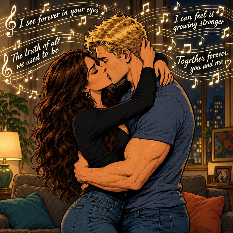 Romantic comic illustration of an embracing couple kissing, surrounded by glowing musical notes a...