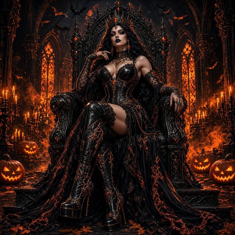 Gothic dark Halloween queen sits regally on an ornate spiked black throne, surrounded by glowing ...