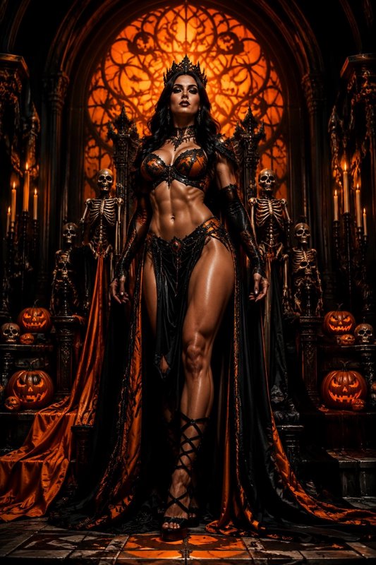 Powerful muscular gothic queen stands flanked by skeleton guards and jack-o'-lanterns before a gl...