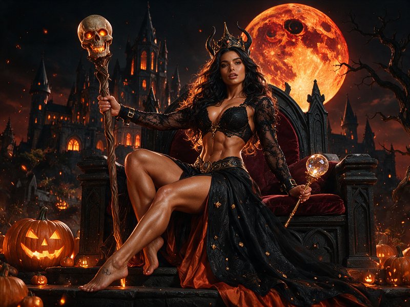 Powerful horned dark witch queen seated on a gothic throne, holding a skull staff under a glowing...