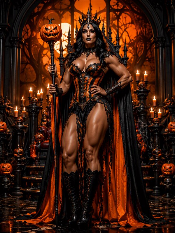 Powerful muscular gothic Halloween queen holding a jack-o-lantern staff stands in a candle-lit or...