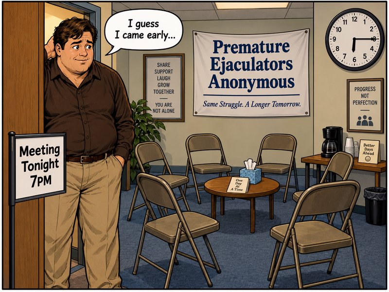 Satirical comic panel showing a sheepish man arriving early to a Premature Ejaculators Anonymous ...