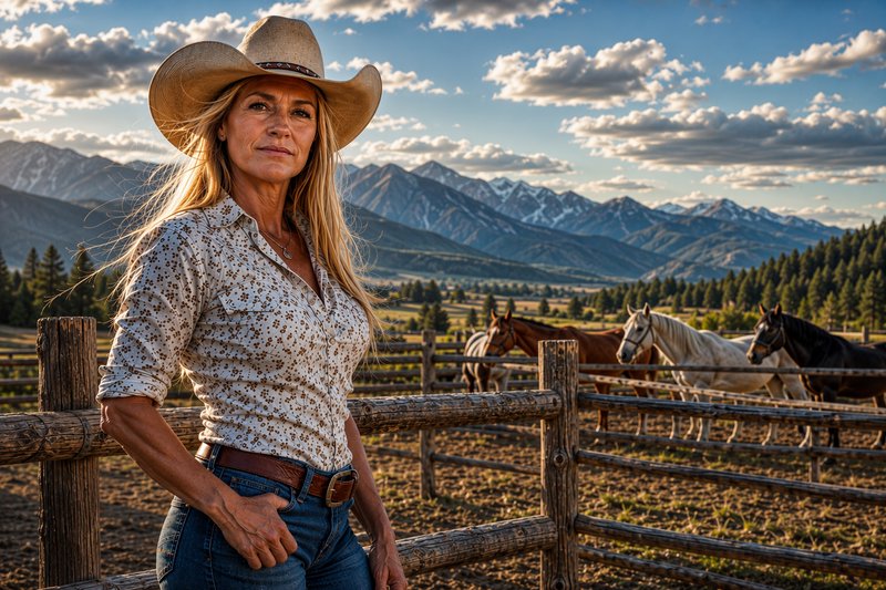 Confident mature cowgirl in a straw cowboy hat stands by a ranch corral, with horses and snow-cap...