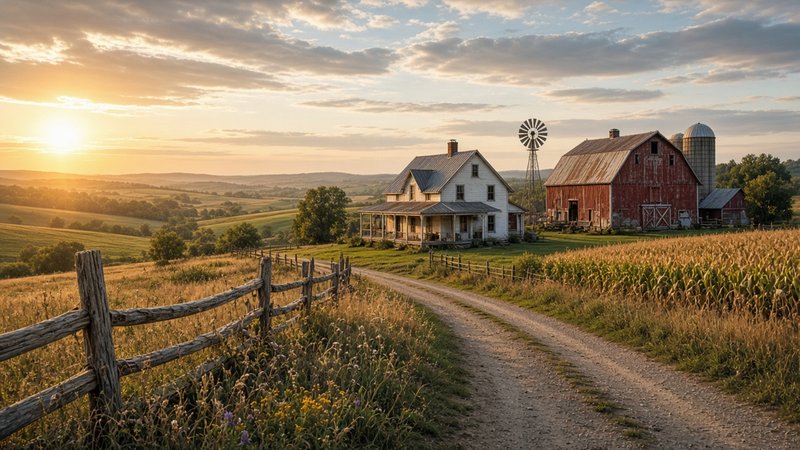 Sunset rural farm landscape with white farmhouse, red barn, dirt road, split rail fence and rolli...
