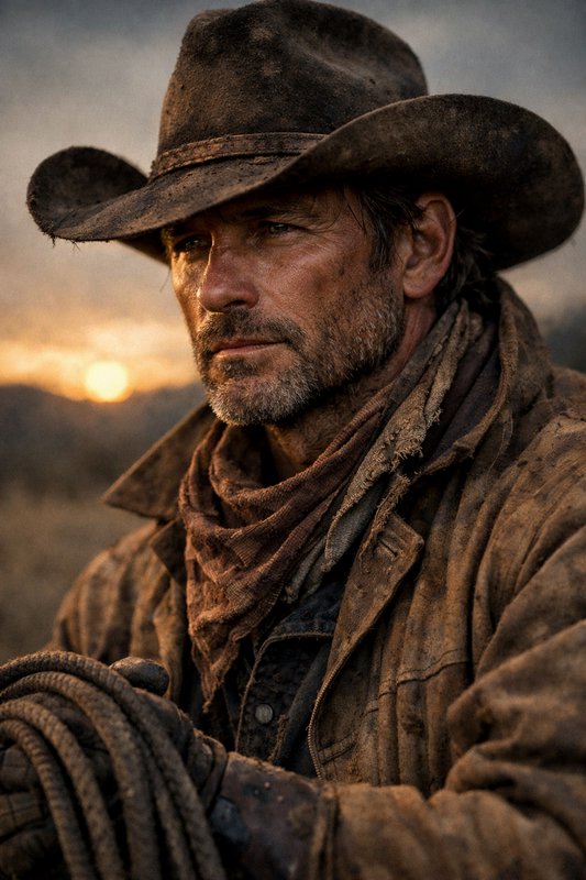 Rugged weathered cowboy in a worn dusty wide brim hat holds a coiled lasso against a golden weste...