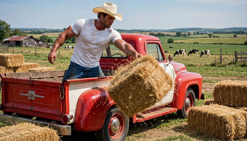 Muscular cowboy rancher tosses a hay bale from a vintage red pickup truck on a sunny rural cattle...