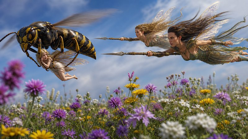 Warrior fairies chase a giant wasp holding a captive small fairy above a sunlit wildflower meadow