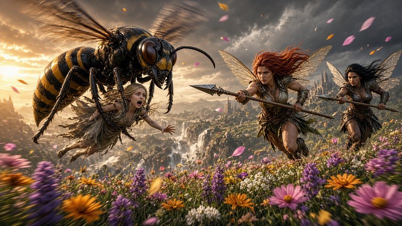 Armored warrior fairies charge a giant hornet carrying a captive fairy above a wildflower meadow ...