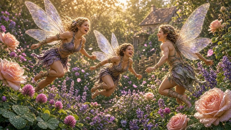 Three laughing fairies with iridescent gossamer wings playfully float above a sunlit flower-fille...