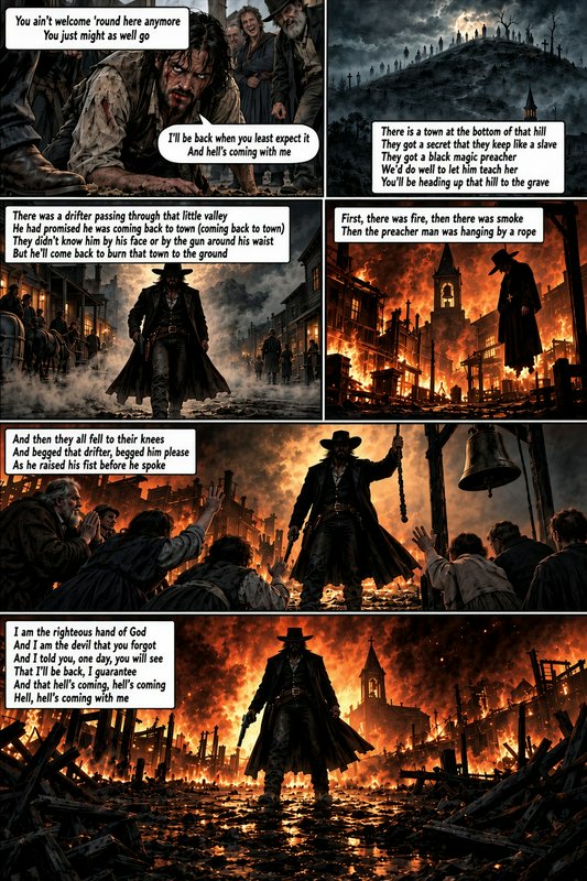 6-panel dark western horror comic page showing an exiled drifter seeking fiery revenge on a cruel...