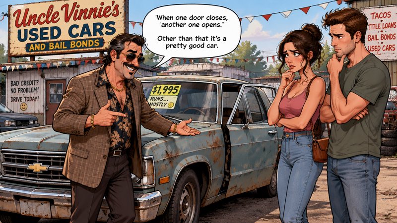 Cartoon illustration of a sleazy used car salesman pitching a rusty cheap sedan to a skeptical co...