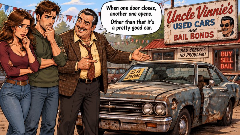 Comic illustration of a sleazy used car salesman pitching a beat-up rusty car to a skeptical coup...