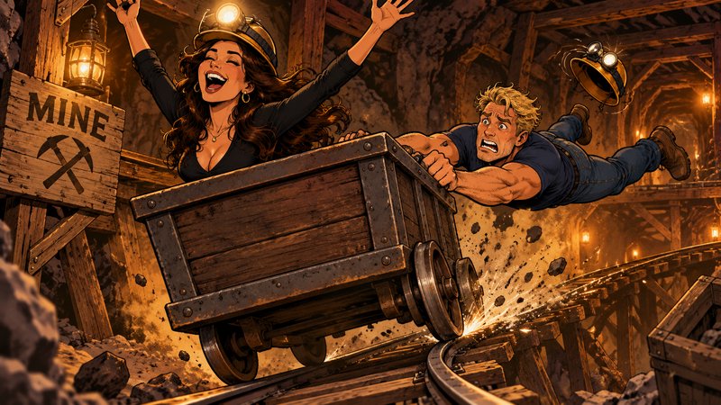 Dynamic comic art of an excited woman in a speeding mine cart, panicked man clinging to the tilti...